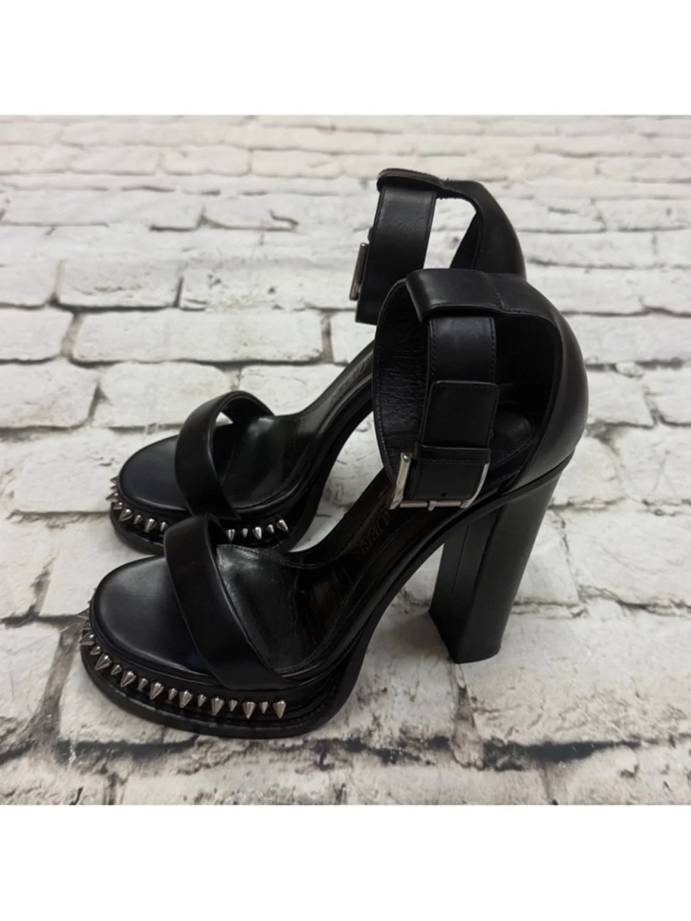 Alexander McQueen Punk Stud Platform Sandals Black Leather Sz 8.5 Women's Shoes